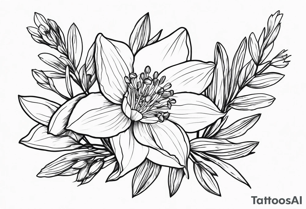 Simple, fine-line tattoo. Outline. Daffodil, pine sprig, aster, and willow sprig bouquet. tattoo idea