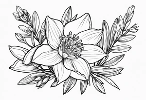 Simple, fine-line tattoo. Outline. Daffodil, pine sprig, aster, and willow sprig bouquet. tattoo idea