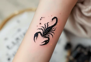 The celestial scorpion creeps across the night in streaks of golden scorpio star constellation lit by Antares’ burning red flame tattoo idea