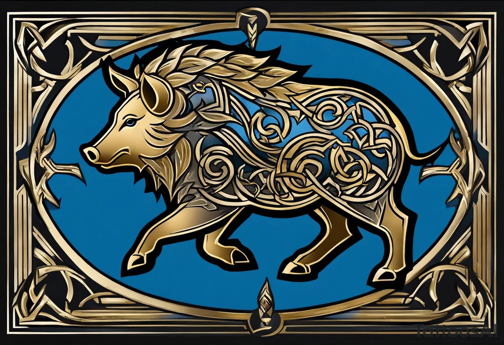 Side profile, Celtic, tribal, wild boar, On a Chatwin family crest with blue background, two gold stars, and a gold Chevron, and a Thistle. With bold black tribal lines. ancient Celtic, tribal boar tattoo idea