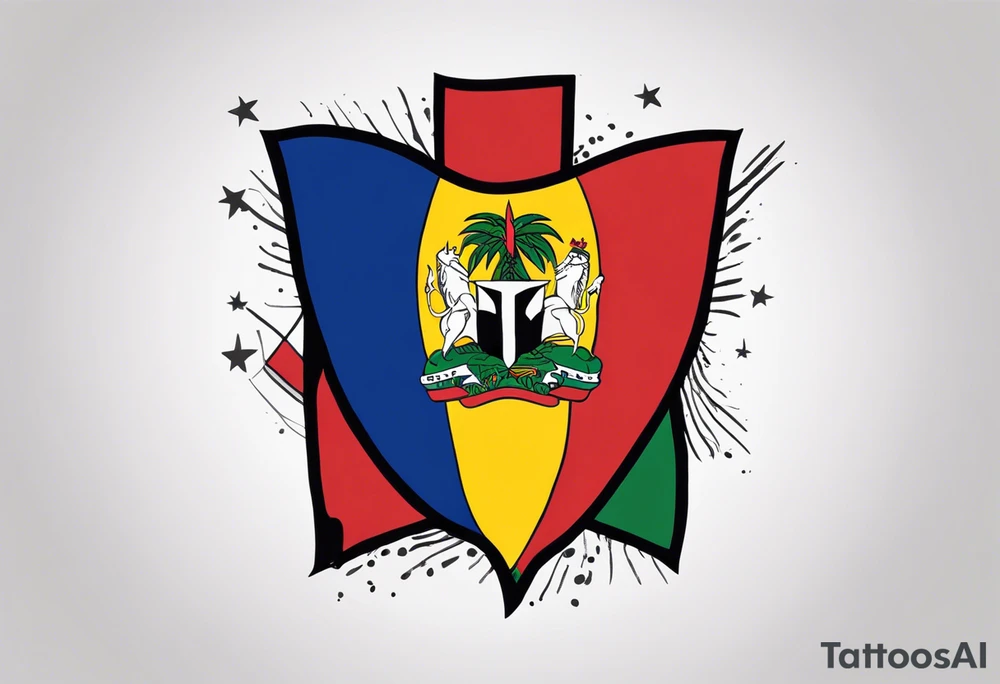 create a haitian flag theme tattoo that goes over a black mans left chest. Have it embody christian faith, salsa dancing, real estate, stoicism, and public speaking tattoo idea