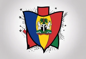 create a haitian flag theme tattoo that goes over a black mans left chest. Have it embody christian faith, salsa dancing, real estate, stoicism, and public speaking tattoo idea