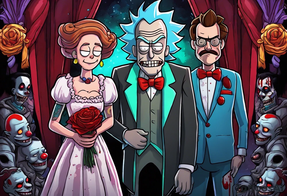 Rick and morty style cartoon with Stephen king’s Carrie in a prom dress covered in blood looking happy standing next to Stephen king’s pennywise in a 70s prom suit looking happy standing together in a prom photo pose tattoo idea