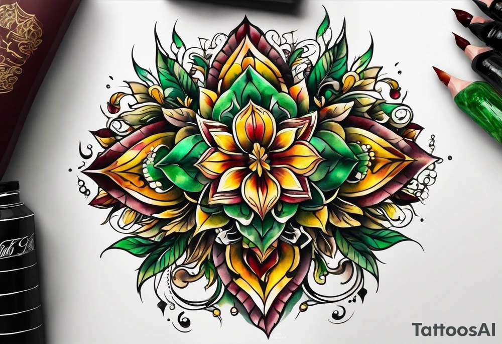 The number 24 with colors green, yellow, maroon and black tattoo idea