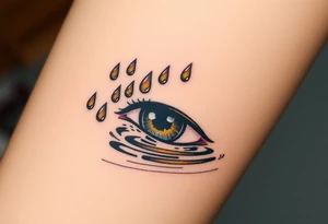 Teary eye A collection of teardrops falling into a still pool, with soft ripples in golden and silver hues, symbolizing how tears spread healing. tattoo idea