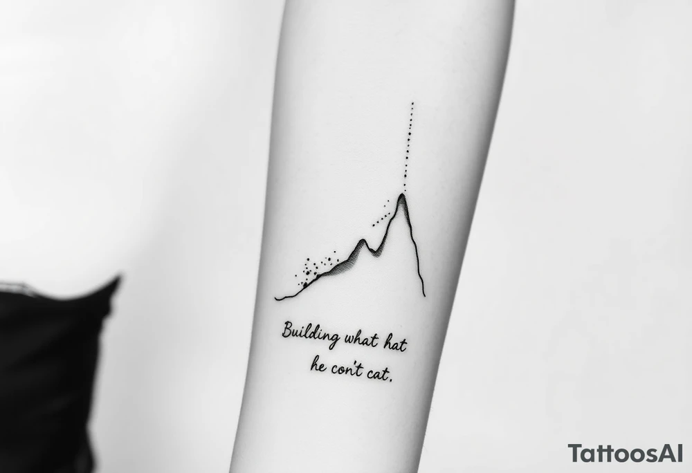 inimalistic black-ink forearm tattoo symbolizing legacy, father watching over, and continuation of unfinished dreams. Central design: a flowing, rising line or abstract path starting fragmented at the bottom (representing the father’s unfinished work) and gradually becoming solid and ascending (representing the son carrying it forward). Along the path, fine, particle-like lines or small dots flow upward, symbolizing the father’s guidance and energy cheering the son on. Hidden within or alongside the design, integrate the text: “Building what he couldn’t” in small, elegant script. Style: clean, minimalistic, black ink only, fine-line, geometric abstraction, flowing composition for forearm placement, emphasizing symbolism, legacy, guidance, and emotional depth. tattoo idea