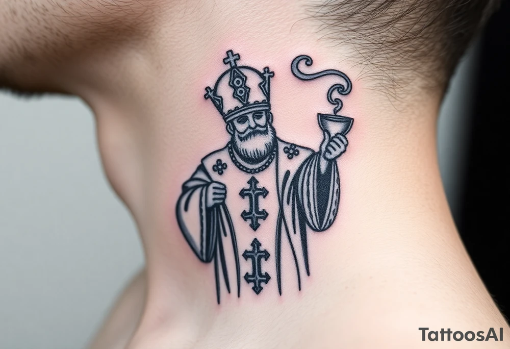 Russian Orthodox Priest in a fully detailed gold vestment swinging a censer with smoke curling upward tattoo idea