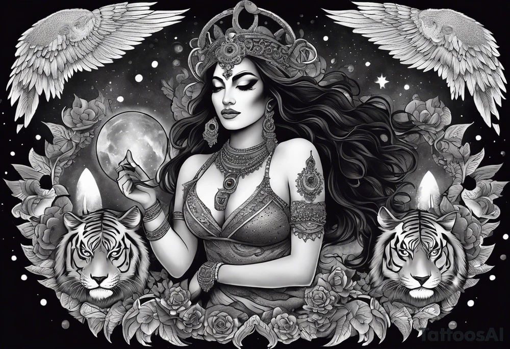 black kali, goddess pirate, alien, angel, pachamama, valkrye, warrior, flying, skull, lotus azul, wing, eagle, zenza resonance, stars, 5D, anahata chakra, death, durga, riding on a tiger, flying lady, kundalini, chest tatoo, samuri, rebel, serpent tattoo idea