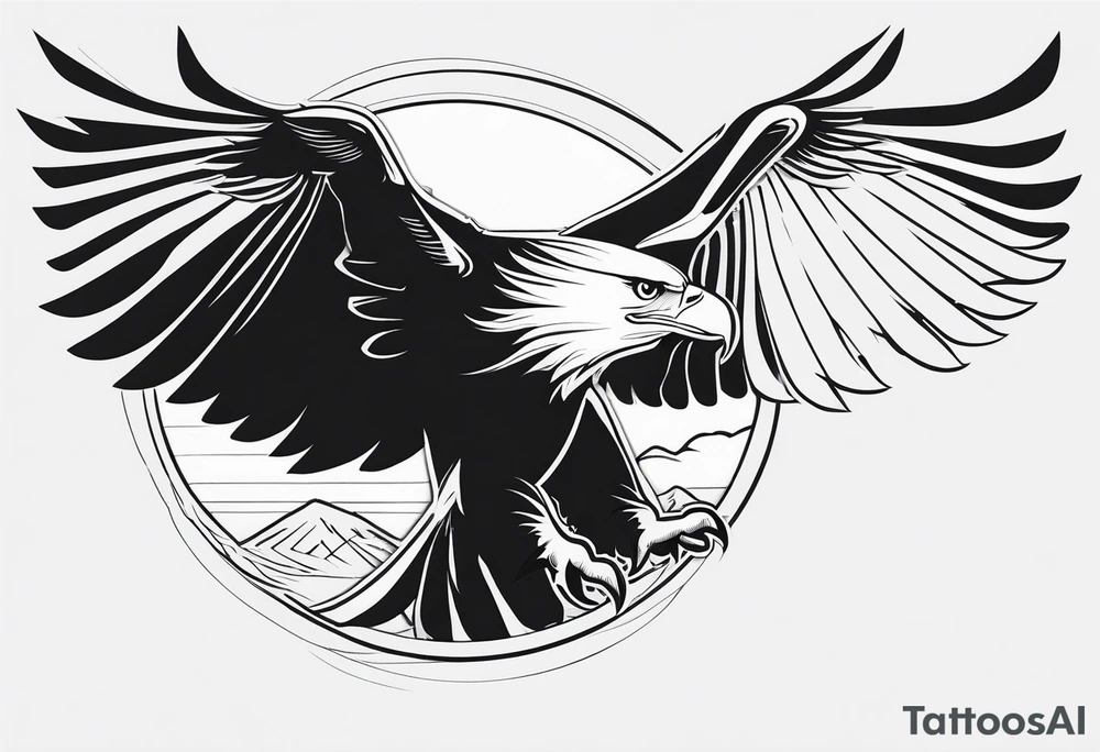 black and white, a flying eagle and a rising sun tattoo idea