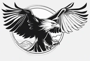 black and white, a flying eagle and a rising sun tattoo idea