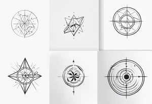 Generate minimalistic tattoo ideas capturing the essence of the following concepts. Theory of relativity, uncertainty principle with Schrodinger's cat, Aum symbol, Speed of light. tattoo idea