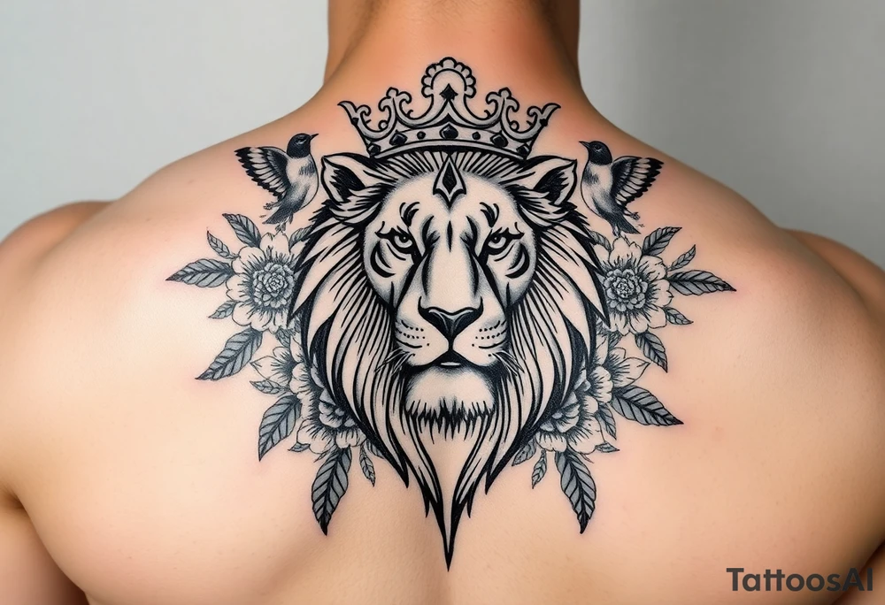 powerful majestic lion with a crown, surrounded by floral ornaments and birds tattoo idea