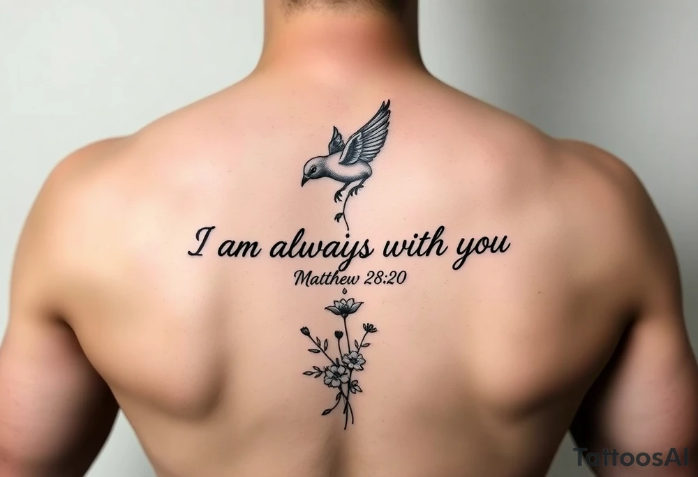 Bible verse “I am always with you Matthew 28:20” make the words go down the spine  with a dainty bird on top with small flowers on the bottom tattoo idea