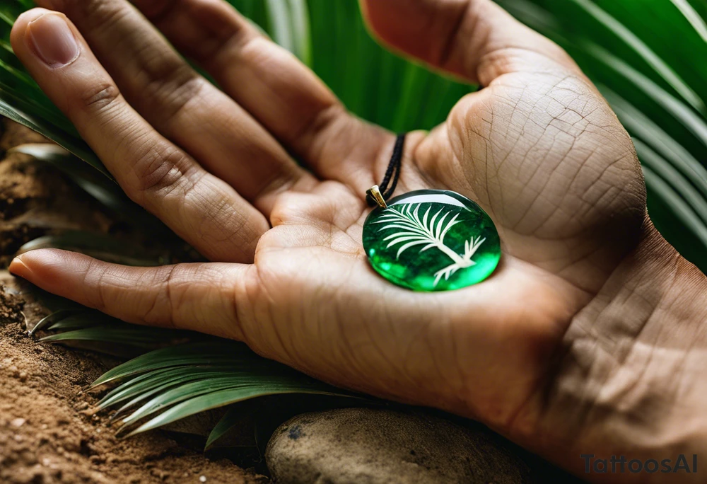 Tattoo: A striking Gachala emerald sits at the base of a tall quindio wax palm, which grows resiliently from cracks in rugged, rocky soil. The emerald is the main focal point, symbolizing strength and endurance, while the wax palm, rooted in the soil’s crevices, represents growth and resilience. A small water stream flows gently from the rocks, adding an element of life and nourishment tattoo idea