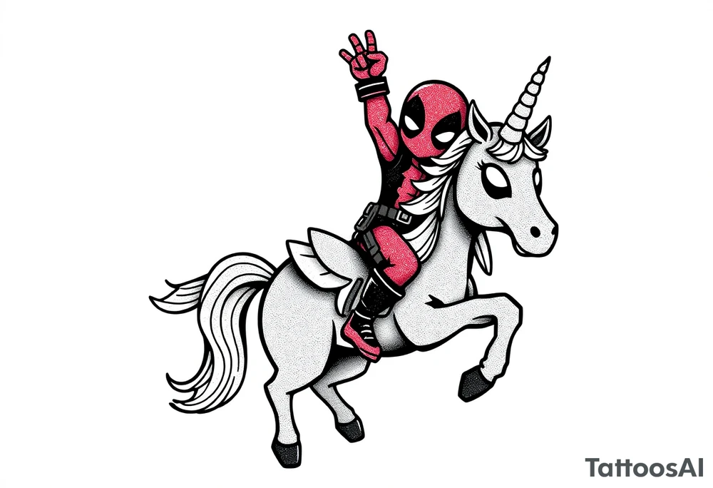 Silly glittery Deadpool riding unicorn with arm in the air tattoo idea