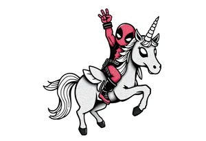 Silly glittery Deadpool riding unicorn with arm in the air tattoo idea