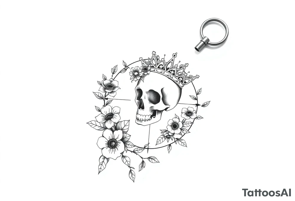 Compass with detailed beautiful gothic boho flowers on vine and skull with gorgeous crown tattoo idea