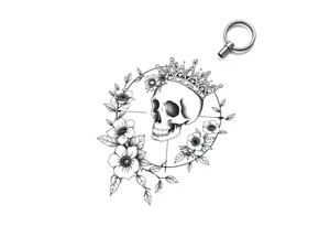 Compass with detailed beautiful gothic boho flowers on vine and skull with gorgeous crown tattoo idea