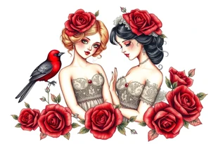 Vintage dollies, red roses, lace, red bird, no people, vintage tattoo idea