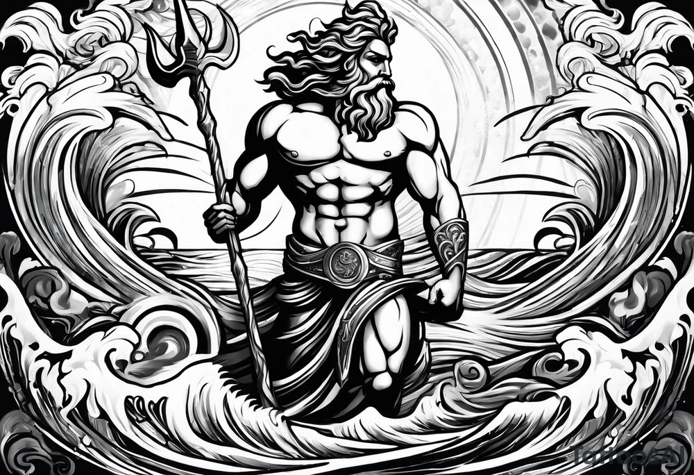 An image of Poseidon holding his trident with waves in the background. tattoo idea