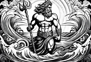 An image of Poseidon holding his trident with waves in the background. tattoo idea