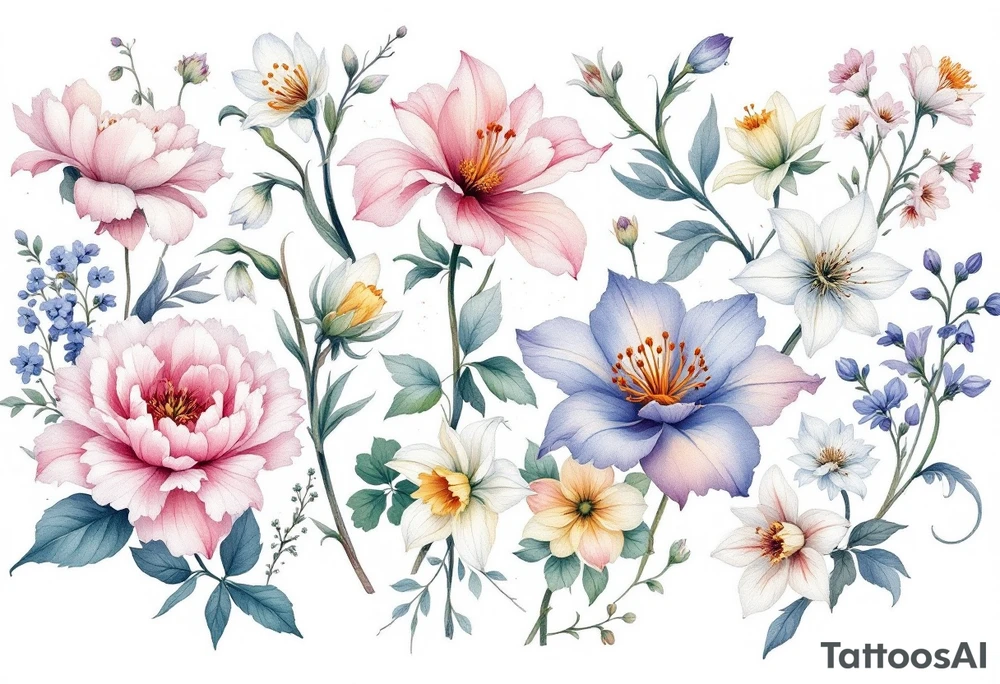 Carnation, Snowdrop, Larkspur, Water Lily, Daffodil, Clover tattoo idea