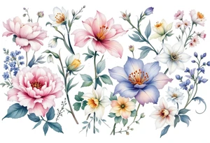 Carnation, Snowdrop, Larkspur, Water Lily, Daffodil, Clover tattoo idea