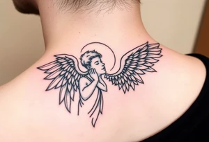 A neck tattoo that shows an angel whispering into ear tattoo idea
