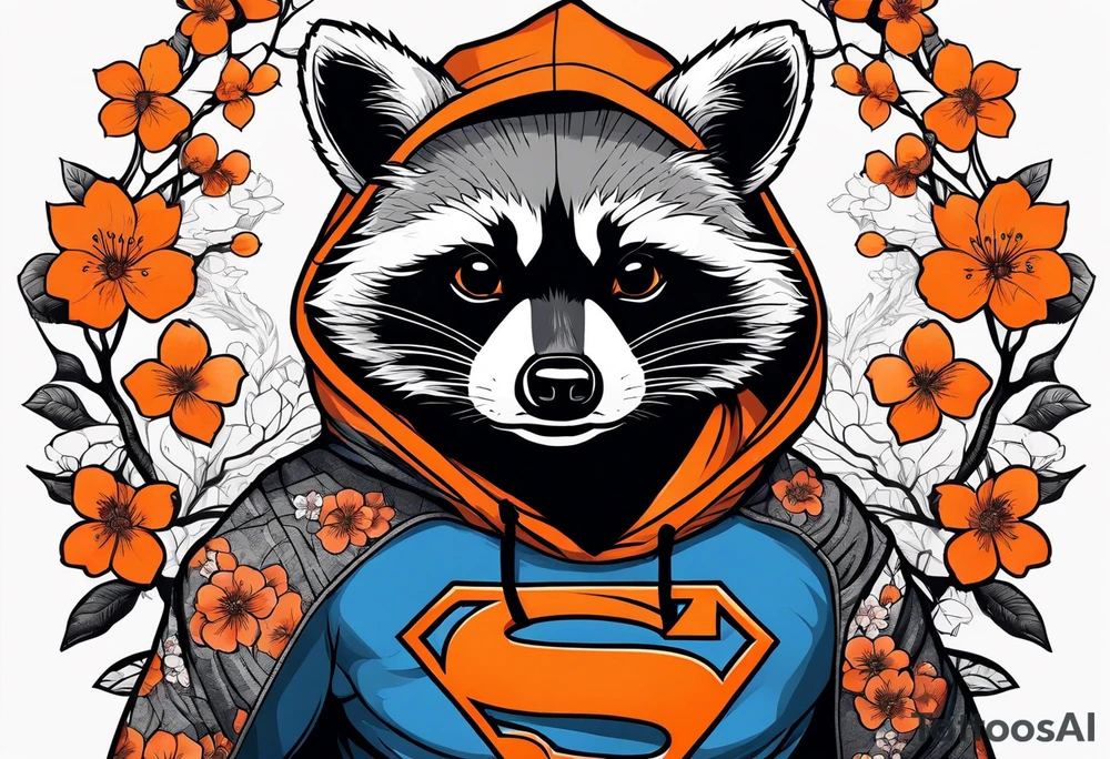 raccoon wearing a black and white Superman hoodie and orange Japanese cherry blossoms tattoo idea