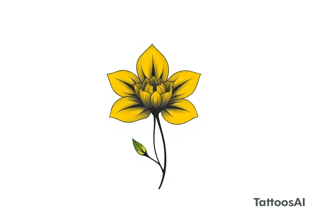 A minimalist flower tattoo that represents a shattered and betrayed gemini woman who fought hard throughout this year. With colors yellow and black. Make it unique and rare. Without leaves and stem. tattoo idea