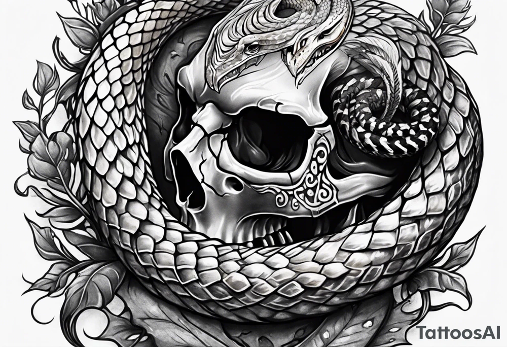 Snake intertwined into a realistic skull coming through the eye ready to strike tattoo idea