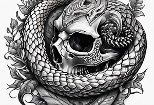 Snake intertwined into a realistic skull coming through the eye ready to strike tattoo idea