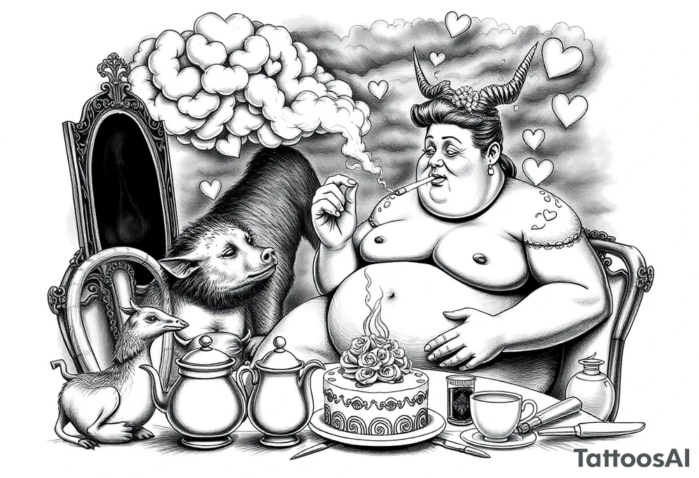 naked fat lady having a tea party with tea pots and 
with a pig, peacock, noose, lion, goat, smoking cigerettes looking in the mirror having sex with a man eating a cake thru storm clouds with knife and broken hearts and darkness and wrath, envy , gluttony, greed, tattoo idea