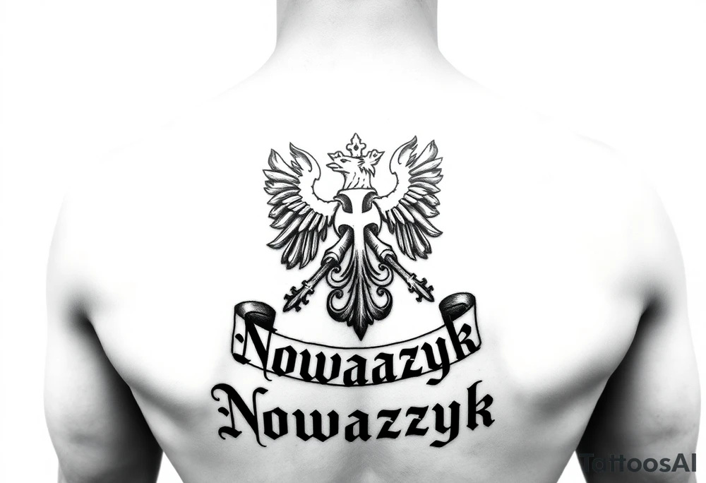 The Polish coat of arms surrounded by the word Nowaczyk in a medieval font tattoo idea