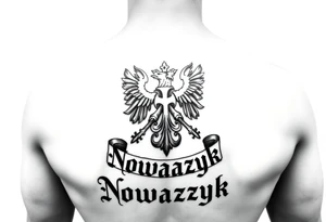 The Polish coat of arms surrounded by the word Nowaczyk in a medieval font tattoo idea