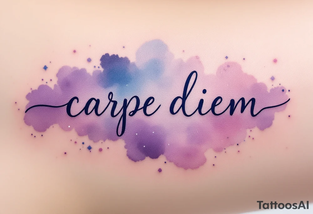 "Carpe Diem" in dark navy ink, placed over a soft watercolor galaxy in shades of purple and blue. tattoo idea