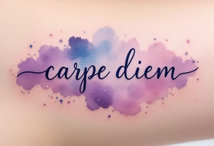 "Carpe Diem" in dark navy ink, placed over a soft watercolor galaxy in shades of purple and blue. tattoo idea