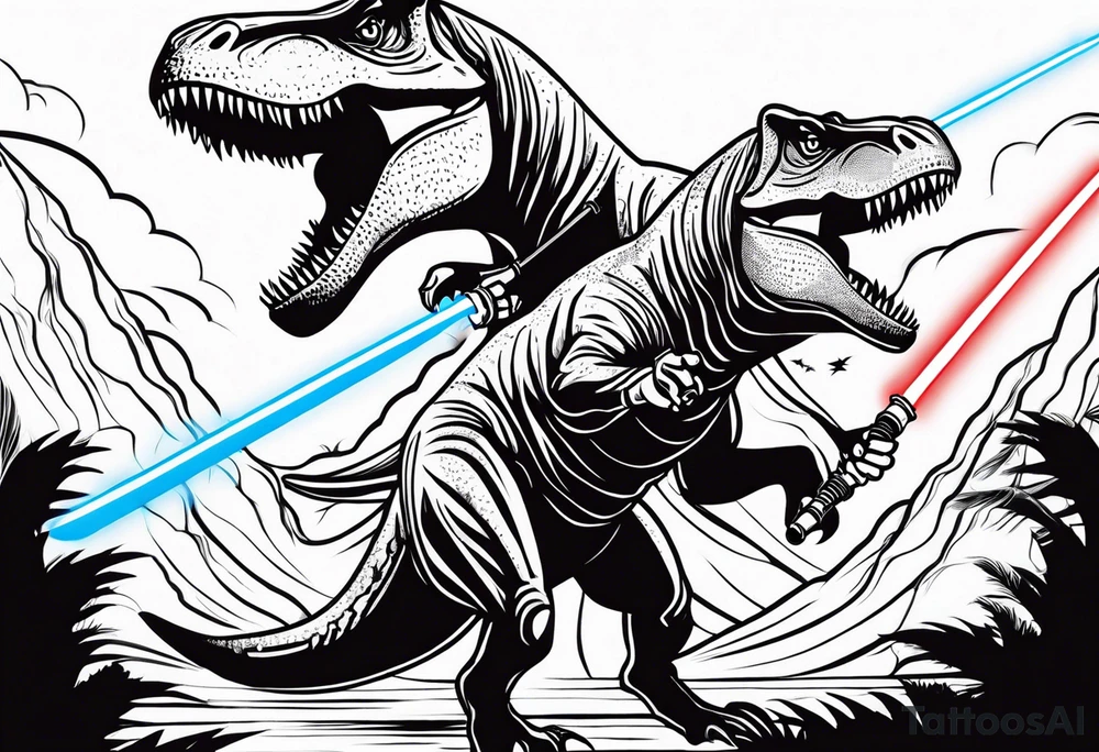 Luke Skywalker and a T-Rex fighting each other with lightsabers tattoo idea