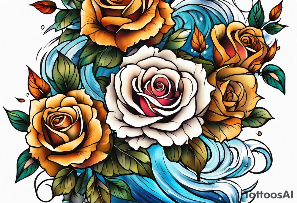 thigh tattoo with fall colors showing, flowers, roses, water flow, and sky tattoo idea