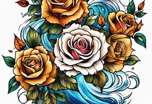 thigh tattoo with fall colors showing, flowers, roses, water flow, and sky tattoo idea