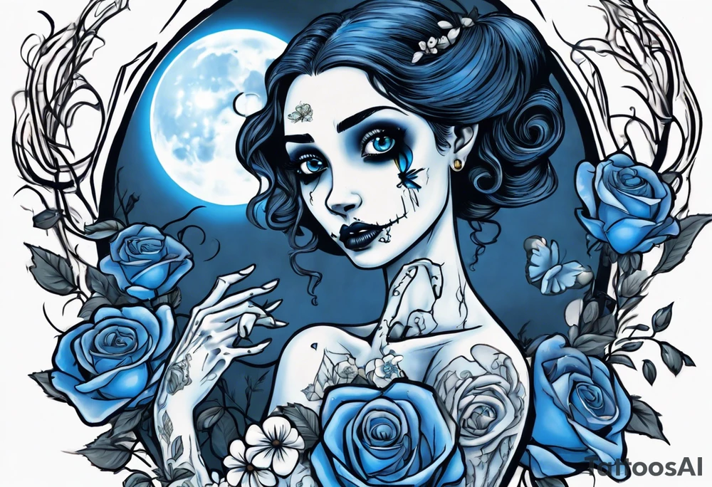 corpse bride Emily wearing a wedding dress she is holding a blue rose bouquet of flowers. one white daisy in the middle of the bouquet. one blue butterfly. A full moon on the background. full grown tattoo idea