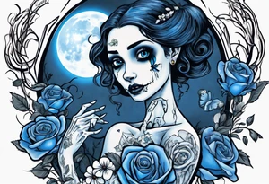 corpse bride Emily wearing a wedding dress she is holding a blue rose bouquet of flowers. one white daisy in the middle of the bouquet. one blue butterfly. A full moon on the background. full grown tattoo idea