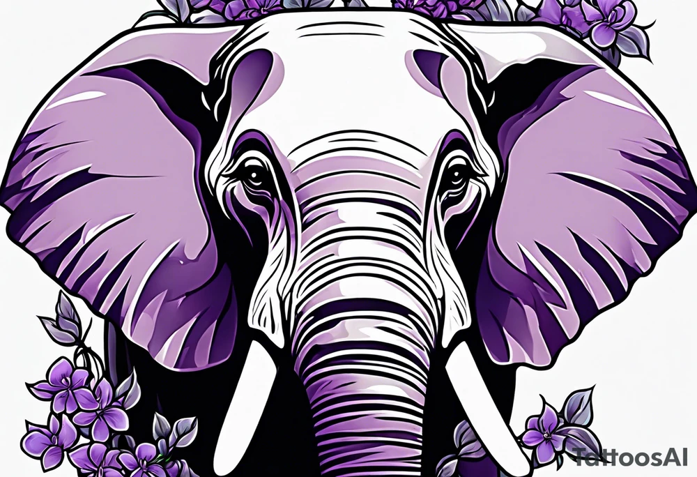 Elephant face covered in lilacs tattoo idea