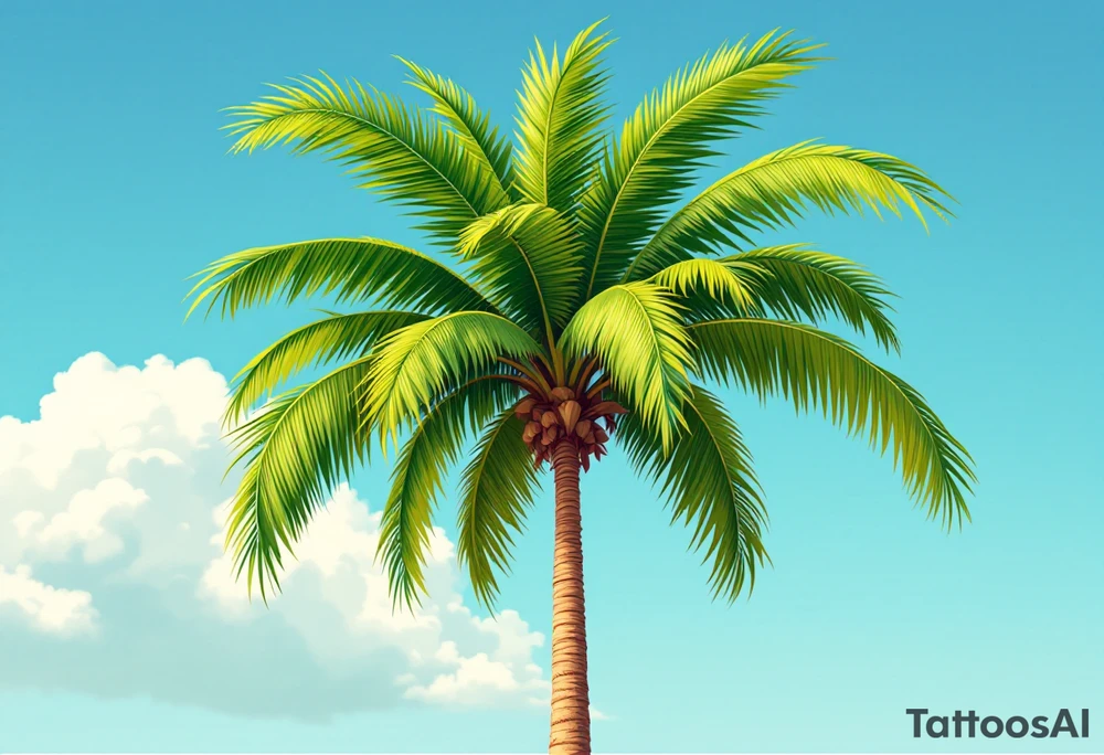A tall, slender palm tree with a textured sandy-brown trunk and wide, vibrant green fronds gently arching outward, set against a clear turquoise sky with golden sunlight highlighting the leaf edges. tattoo idea