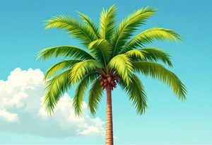 A tall, slender palm tree with a textured sandy-brown trunk and wide, vibrant green fronds gently arching outward, set against a clear turquoise sky with golden sunlight highlighting the leaf edges. tattoo idea