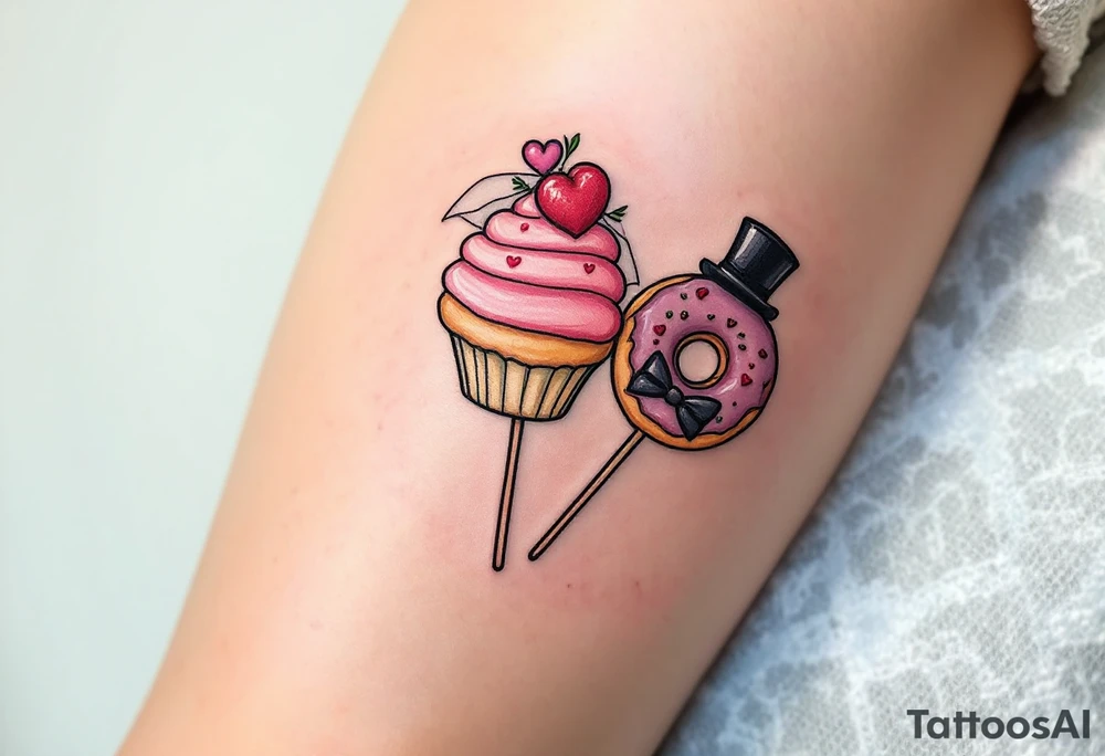 A playful cupcake, a lolipop, and a donut, each with a little top hat, veil, and bow tie, representing a sweet love story. tattoo idea