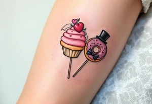 A playful cupcake, a lolipop, and a donut, each with a little top hat, veil, and bow tie, representing a sweet love story. tattoo idea