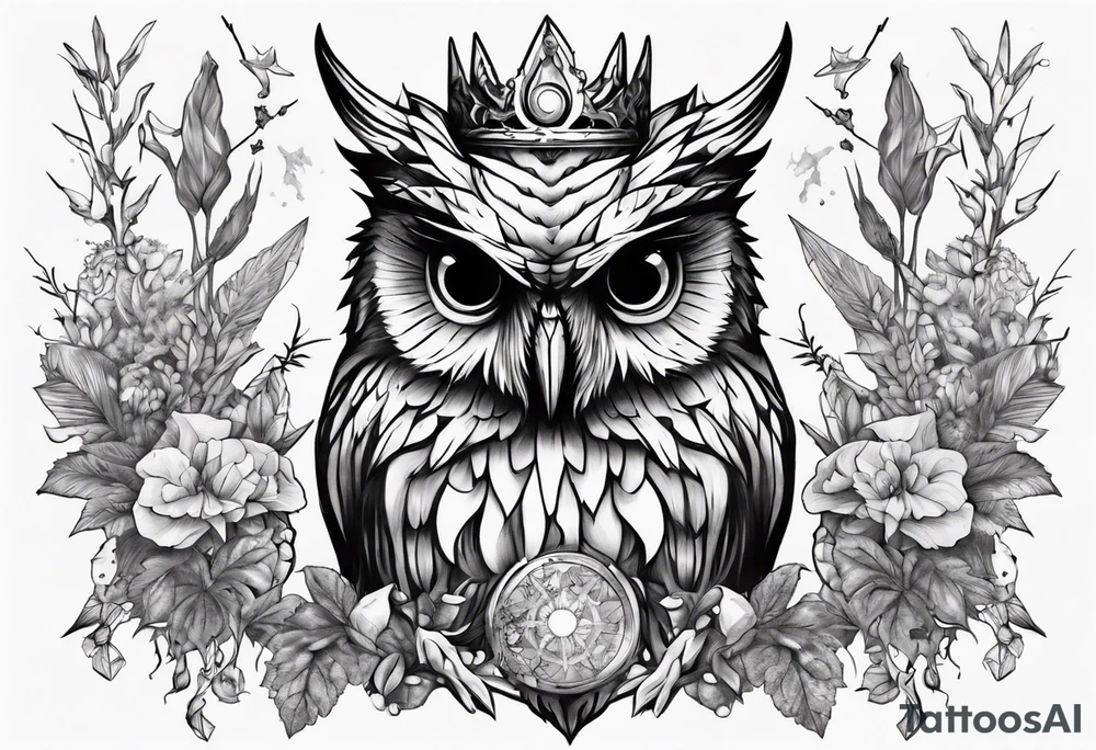 Demon crowned Owl surrounded by poisonous plants, crystals and astrology. tattoo idea