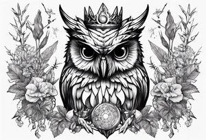 Demon crowned Owl surrounded by poisonous plants, crystals and astrology. tattoo idea