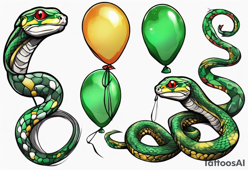 ballpython with colored ballons aside and a green gem on the other side tattoo idea